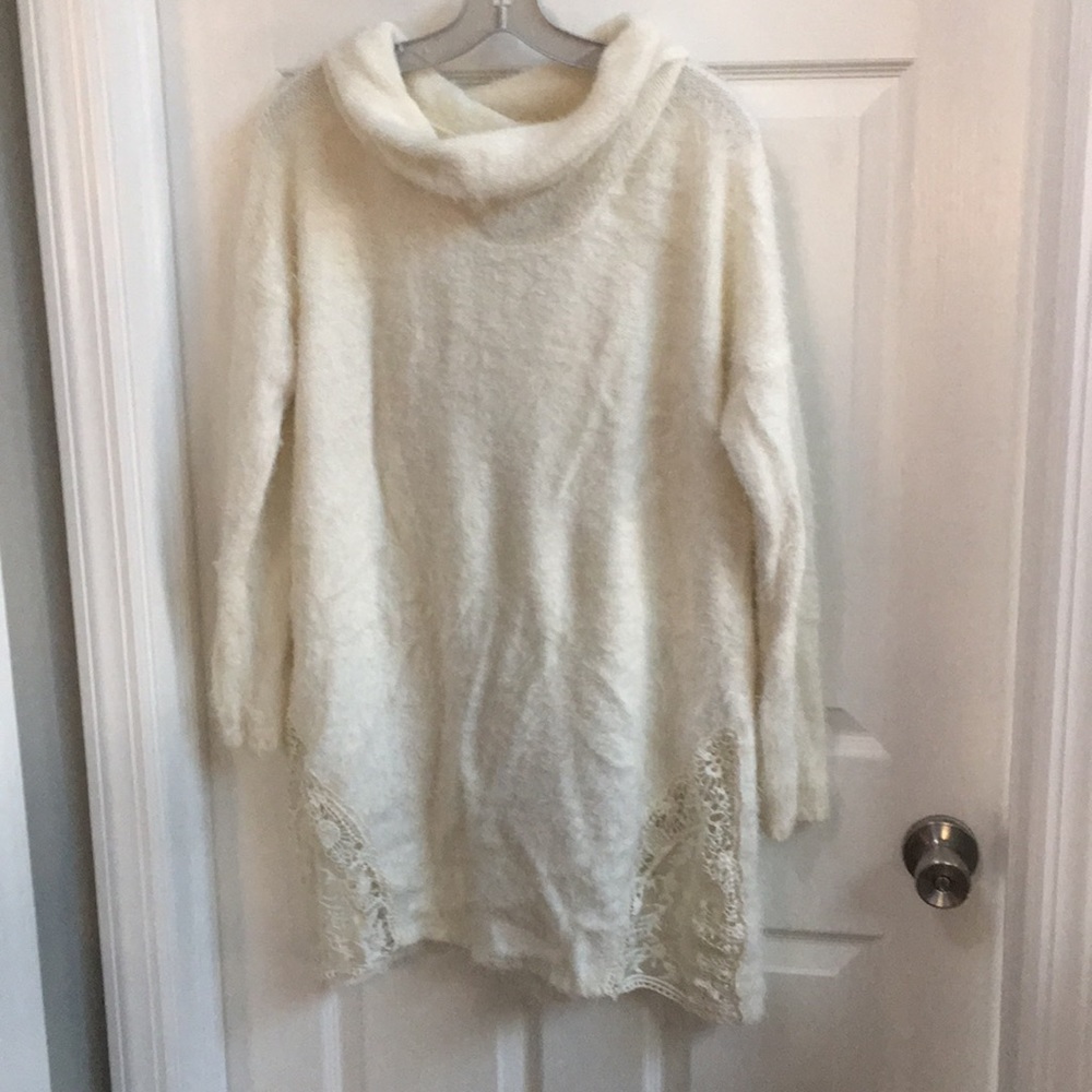 White Cowl Neck Sweater with Lace Accents - Size M